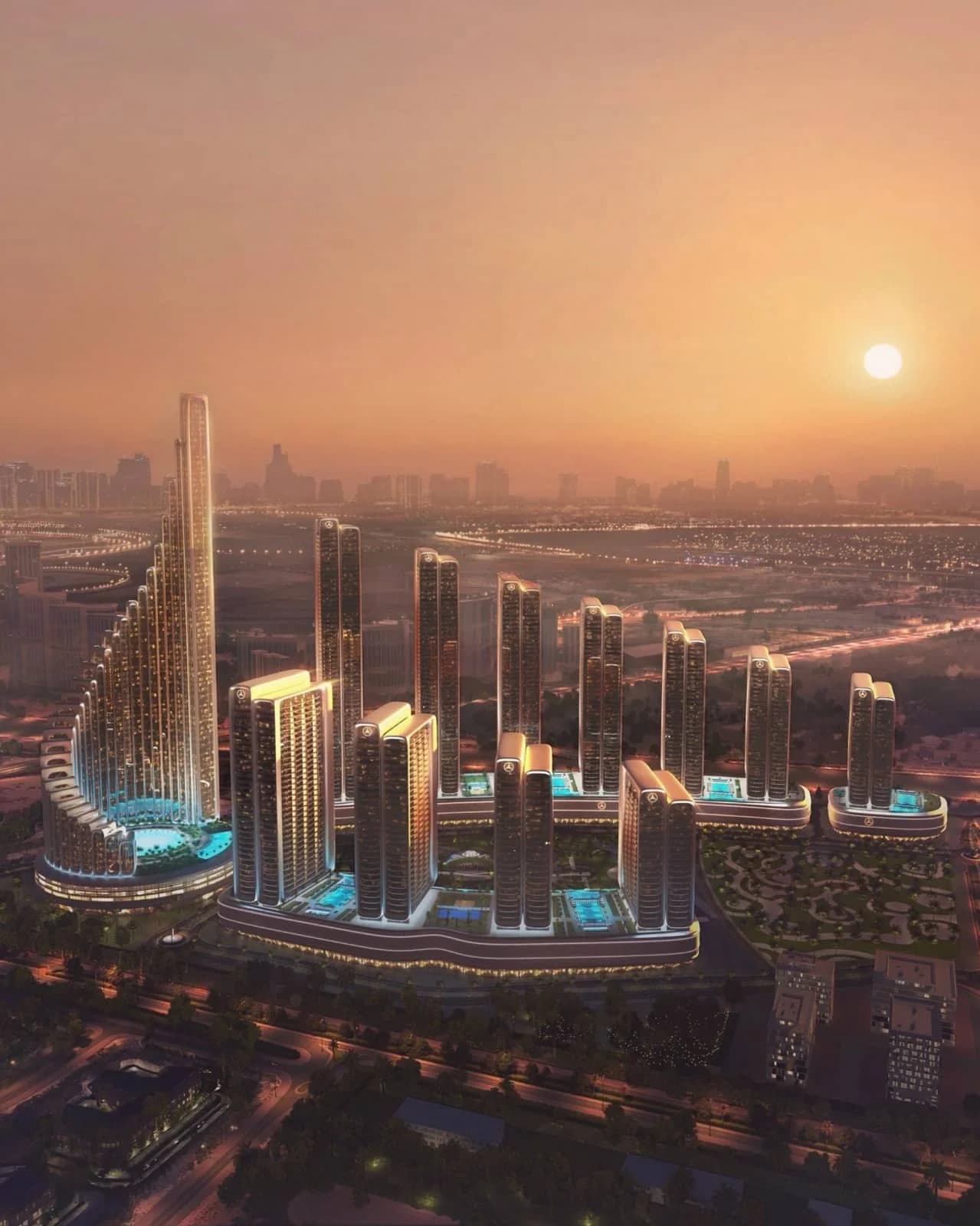 Mercedes-Benz City: an aerial view of the development at sunset, with the Dubai skyline beyond.