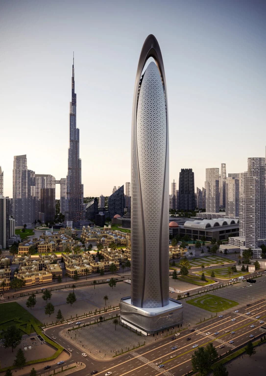 A tapered tower with a pointed crown, standing in Downtown Dubai near the Burj Khalifa.