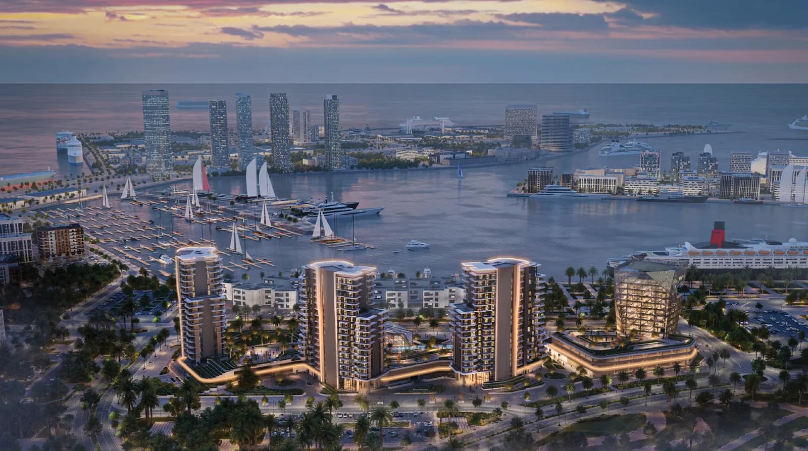 Portside Square: waterfront towers beside a marina at sunset, the harbour and sea beyond.
