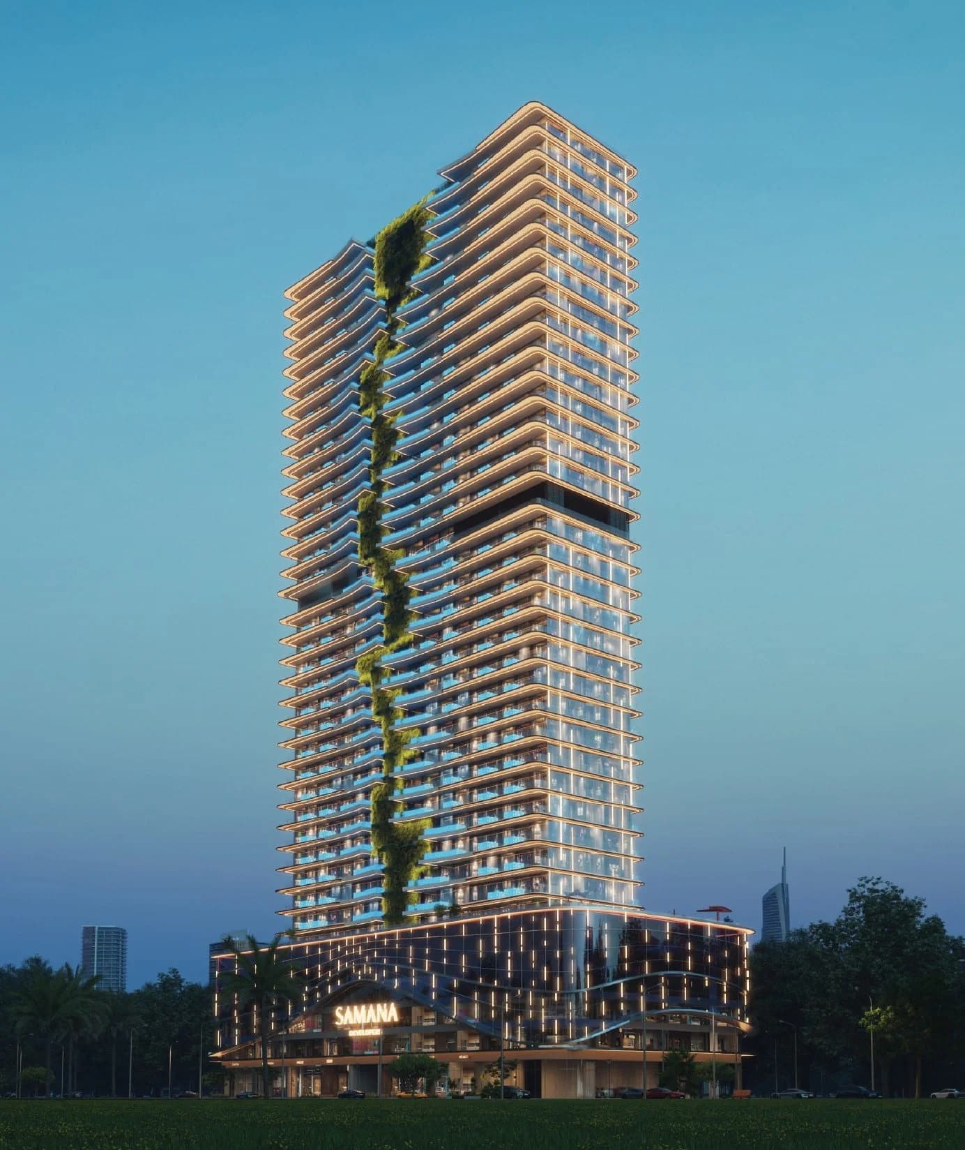Samana Barari Lagoons: a residential tower with planted terraces running the height of its facade.